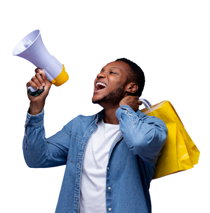 A man holding a megaphone and also a yellow shopping bag